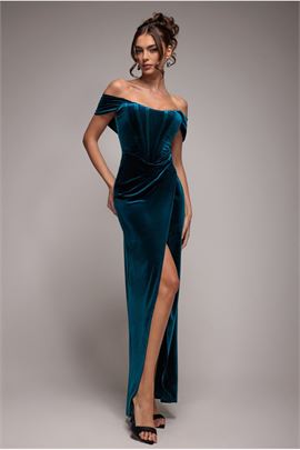 Draped Shoulder Velvet Corset Maxi Dress