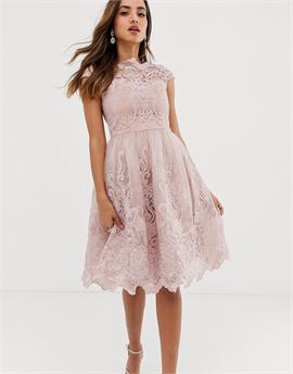 premium lace midi prom dress with bardot neck in mink
