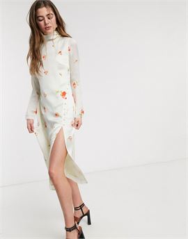 high neck column midi dress with buttons in delicate rose print