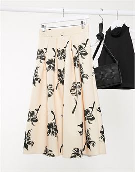 floral printed midi prom scuba skirt in pale peach