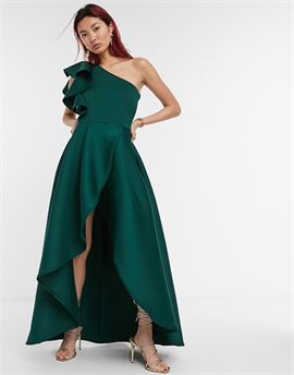 frill one shoulder high low prom maxi dress in forest green
