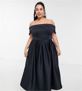 folded bardot prom midi dress with pockets in navy