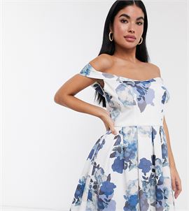 off shoulder mini prom dress in blue print
