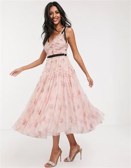 bow detail midi dress with contrast waistband in pink floral