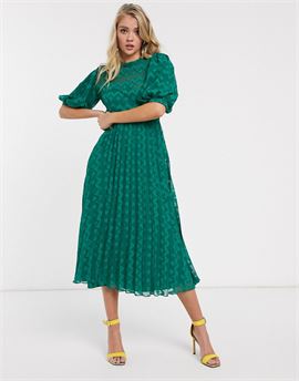 high neck pleated chevron dobby midi dress with puff sleeve