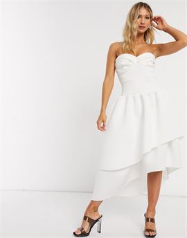 bandeau cup detail midi prom dress with layered skirt in ivory