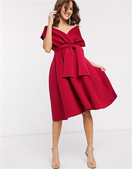 fallen shoulder midi prom dress with tie detail in red
