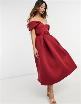 bow belted prom midi dress in wine