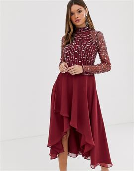 midi dress with linear embellished bodice and wrap skirt