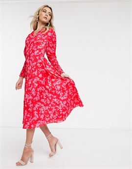 midaxi dress with shirred sleeve detail in contrast floral