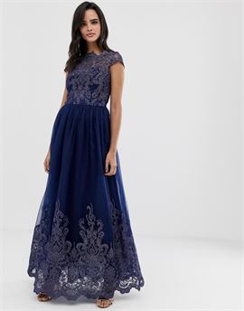 premium lace embroidered maxi prom dress with bardot neck in navy