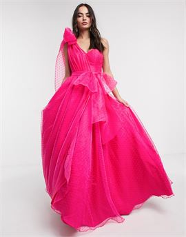 full prom one shoulder maxi dress with detachable waist bow detail in fuchsia