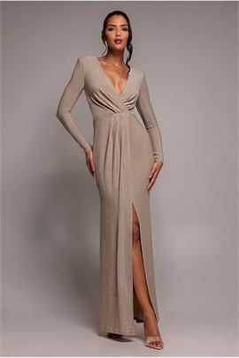 Plunge Neck Wrap Front Split Lurex Maxi Dress