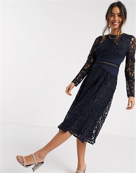 long sleeve midi prom dress in lace with circle trim details in navy