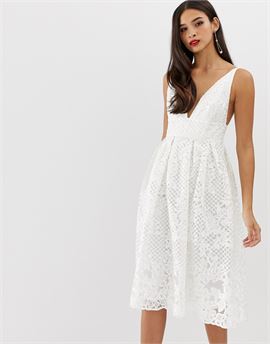 prom midi dress with plunge neck in corded lace