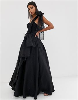 full prom one shoulder organza maxi dress with detachable bow detail in black