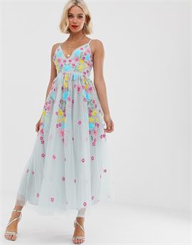 cross back all over contrast floral embroidered midaxi prom dress in blue