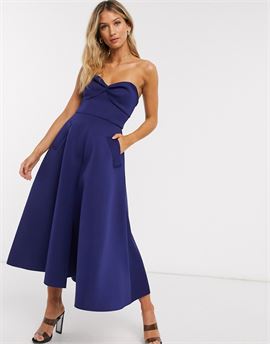 sweetheart bandeau midi skater prom dress with pockets in navy