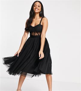 exclusive prom midi dress with mesh corset waist detail in black dobby mesh