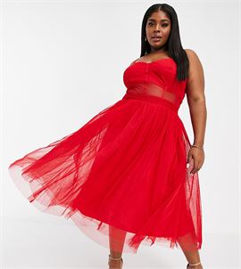 exclusive prom midi dress with mesh corset waist detail in red