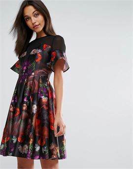 Midi Prom Dress in Heavy Satin in Dark Floral