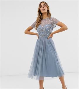 cap sleeve floral embellished midi prom dress in dusty blue