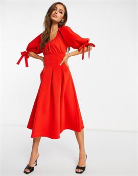 channelled corset puff sleeve prom skater midi dress in carrott