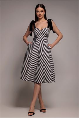 Diagonal Stripe Velvet Bow A Line Midi Dress