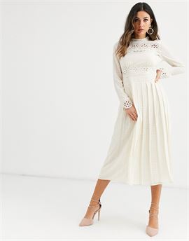 high neck pleated midi dress with lace inserts