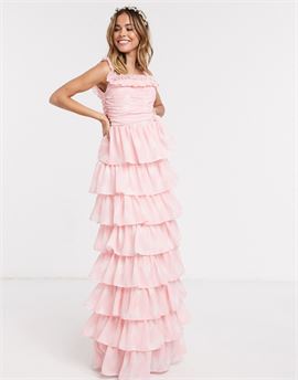 With Love frill off shoulder printed tiered prom maxi dress in pink print