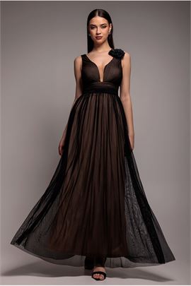 Sleeveless Pleated Dobby Mesh Corsage Maxi Dress