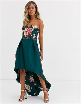 bandeau prom dress with high low hem in green floral