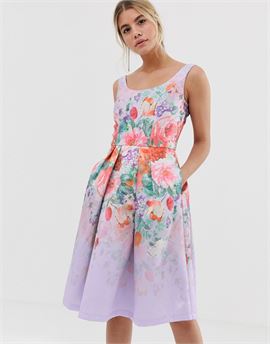 satin midi prom dress with deep scoop neck with floral placement