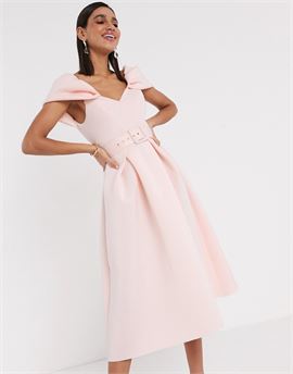 bow sleeve belted prom midi dress in rose pink