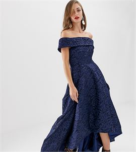 off shoulder full prom dress with high low hem in navy