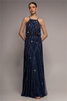 Racer Neck Sleeveless Hand Embellished Sequin Maxi Dress
