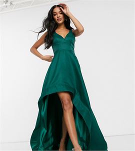 high low prom dress with full organza detail in emerald green