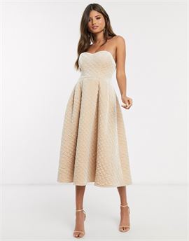 Premium quilted velvet bandeau prom midi dress in champagne