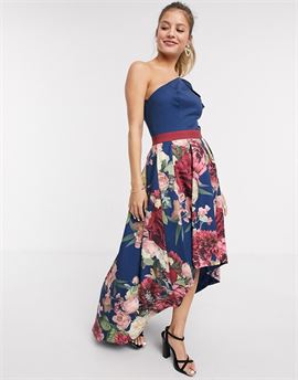 Chi Chi Chala one shoulder prom dress with high low hem in floral