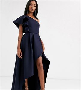 frill one shoulder high low prom maxi dress in navy