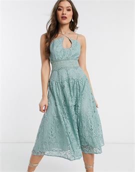 cami strap midi prom dress in lace with circle trims