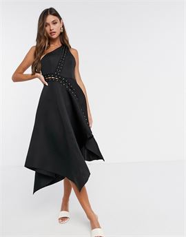 one shoulder midi prom dress with asymmetric hem and lace up eyelet detail in black