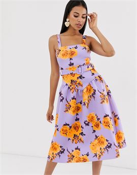 floral drop waist prom midi dress with belt detail