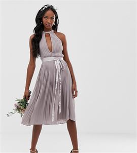 pleated midi bridesmaid dress with cross back and bow detail in grey