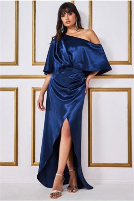 Satin Drape Shoulder Wrap Maxi Dress