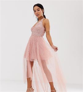 cowl front embellished mini prom dress with train in pink