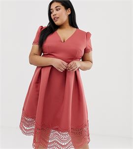 plunge front full prom midi dress with lace hem in terracotta
