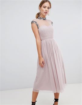 midi prom dress with embellished collar and sleeves