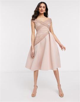 off shoulder dobby midi prom dress in rose
