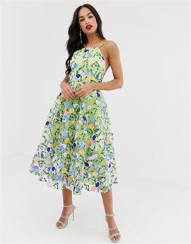 floral embroidered halter prom midi dress